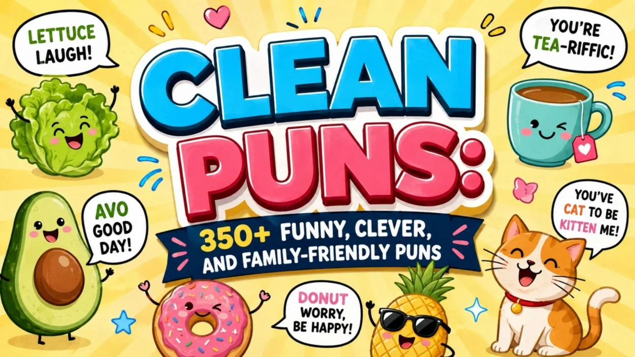 Clean puns with funny food, animal, coffee, and avocado characters in a colorful family-friendly poster