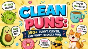 Clean puns with funny food, animal, coffee, and avocado characters in a colorful family-friendly poster