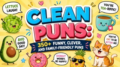 Clean puns with funny food, animal, coffee, and avocado characters in a colorful family-friendly poster