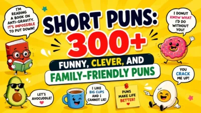 Short puns banner featuring funny cartoon characters and 300+ clever family-friendly puns