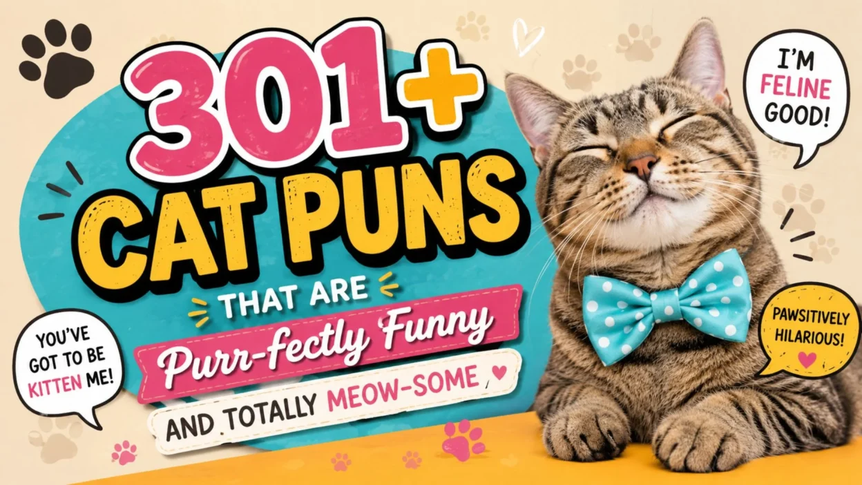 301+ cat puns featuring a funny tabby cat with playful paw prints and colorful pun-themed typography