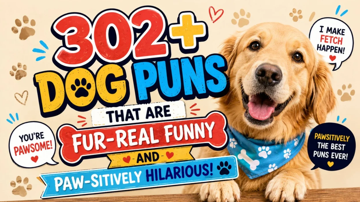 302+ dog puns with a cheerful golden retriever, paw prints, and colorful funny dog-themed typography