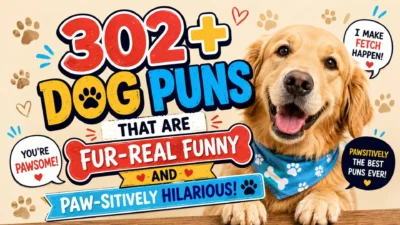302+ dog puns with a cheerful golden retriever, paw prints, and colorful funny dog-themed typography