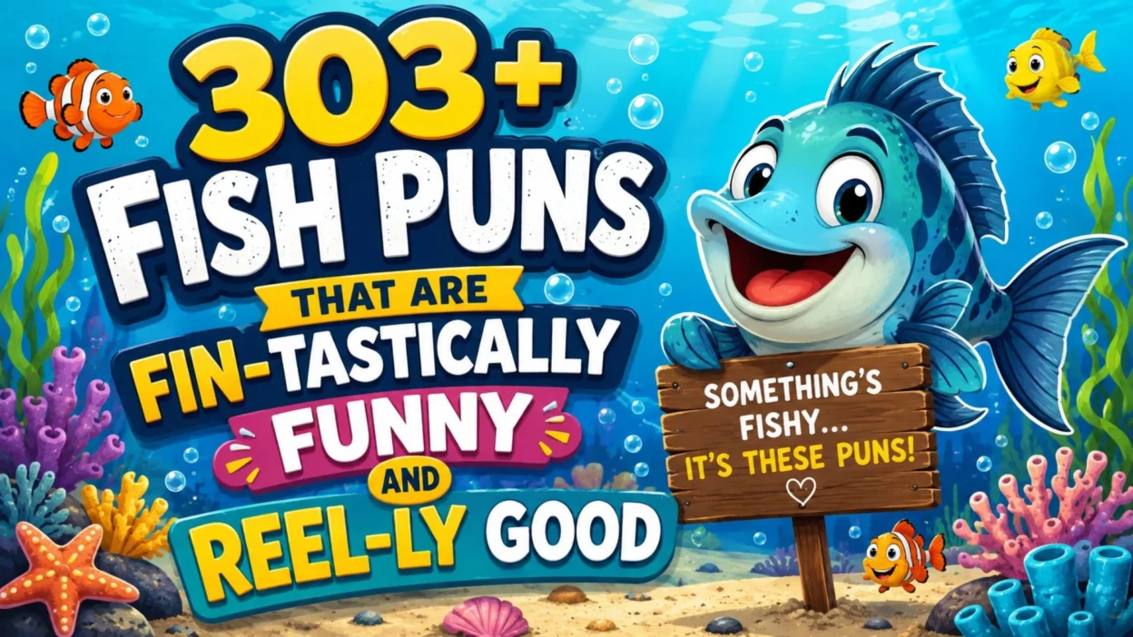 303+ funny fish puns banner with a cheerful cartoon fish, colorful coral, bubbles, and underwater scenery
