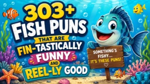 303+ funny fish puns banner with a cheerful cartoon fish, colorful coral, bubbles, and underwater scenery