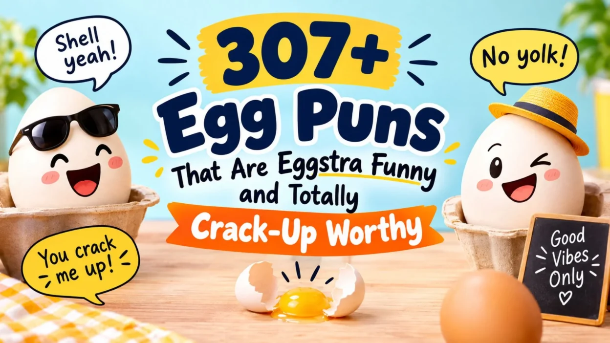 307+ egg puns with funny cartoon eggs, cracked shells, and playful speech bubbles