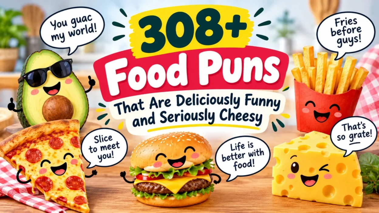 308+ food puns with funny cartoon pizza, avocado, fries, burger, and cheese characters