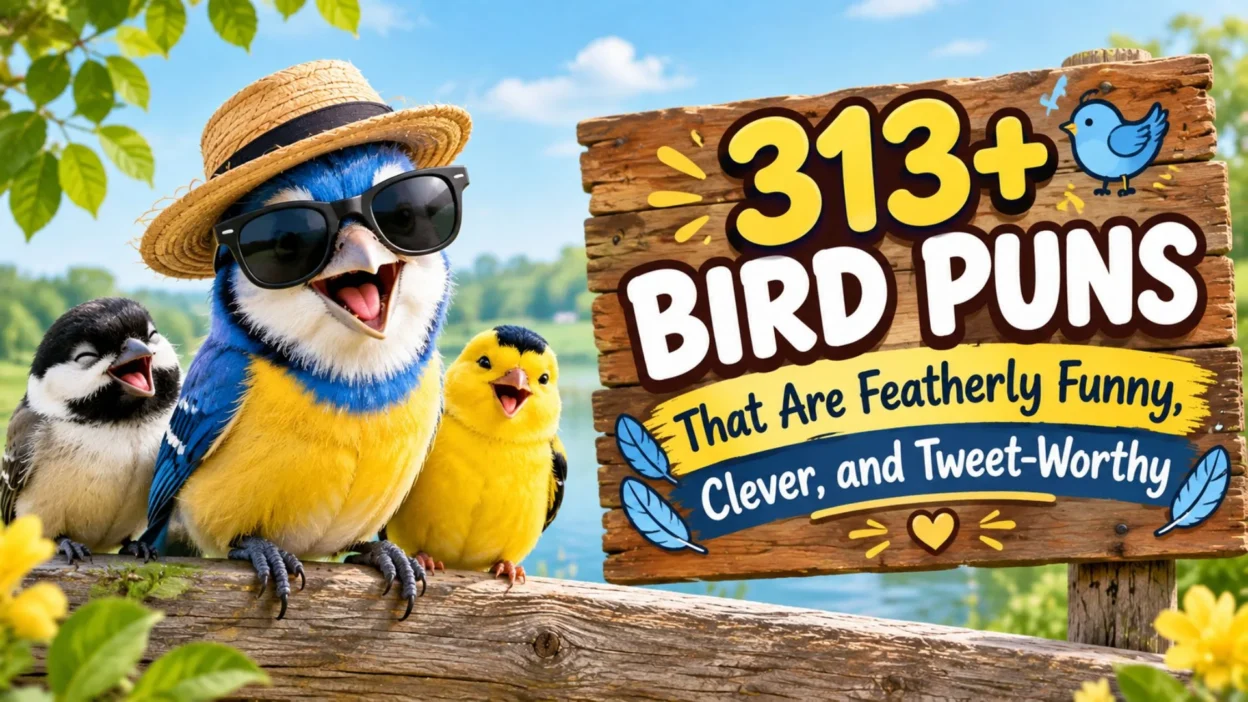 313+ bird puns with colorful funny birds wearing sunglasses and a hat beside a playful wooden sign