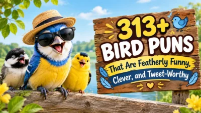 313+ bird puns with colorful funny birds wearing sunglasses and a hat beside a playful wooden sign