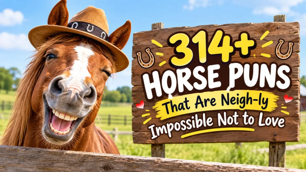314+ horse puns with a funny cowboy horse and playful wooden sign in a sunny countryside setting