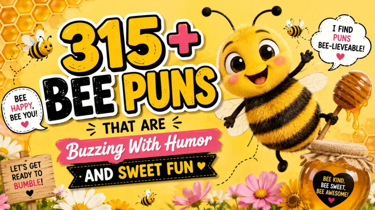 315+ bee puns with a cheerful cartoon bee, honey jar, flowers, and colorful buzzing humor typography