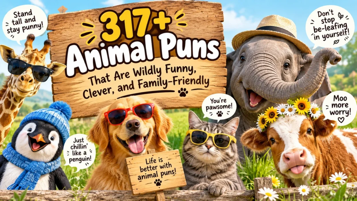 317+ animal puns featuring funny giraffe, elephant, dog, cat, cow, and penguin characters