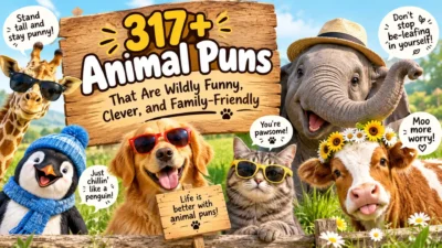 317+ animal puns featuring funny giraffe, elephant, dog, cat, cow, and penguin characters