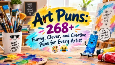 Art puns with colorful paint brushes, palette, and playful creative studio setup for artists
