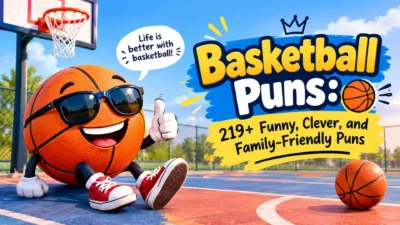 Basketball puns with a funny cartoon basketball on an outdoor court