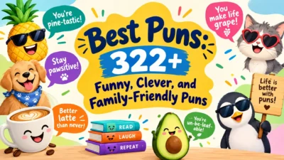 Best puns 322+ featuring funny, clever, and family-friendly wordplay with cute cartoon characters