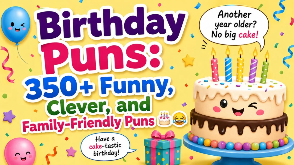 Birthday puns graphic with a colorful cake, balloons, gifts, confetti, and funny family-friendly birthday jokes.