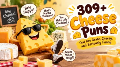 Funny cheese puns with a smiling cheese wedge, assorted cheeses, and a playful 309+ cheese puns banner