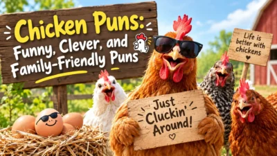 Funny chicken puns with cheerful chickens, eggs, and playful farm signs