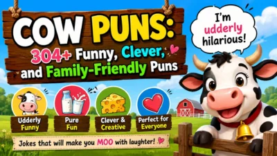 Cow puns graphic with a cartoon cow, farm scene, colorful sign, milk, cheese, and funny family-friendly jokes.