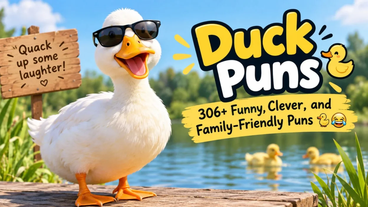 Funny duck puns graphic with a smiling duck in sunglasses beside a pond