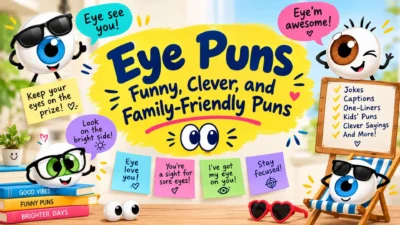 Eye puns graphic with funny cartoon eyes, glasses, colorful speech bubbles, and family-friendly jokes
