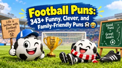 343+ funny football puns with cheerful soccer balls, trophy, goal, and family-friendly humor