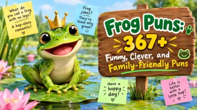 Frog puns with a funny green frog, lily pond, and playful 367+ pun sign