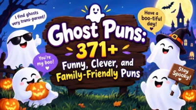 Funny ghost puns with cute cartoon ghosts, pumpkins, and a spooky Halloween scene