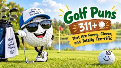 Funny golf puns with a smiling golf ball, golf clubs, green course, and playful 311+ pun banner