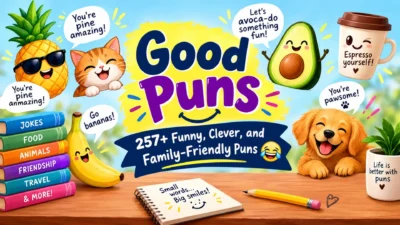 Good puns with funny cartoon animals, fruit, coffee, and colorful books for family-friendly laughs