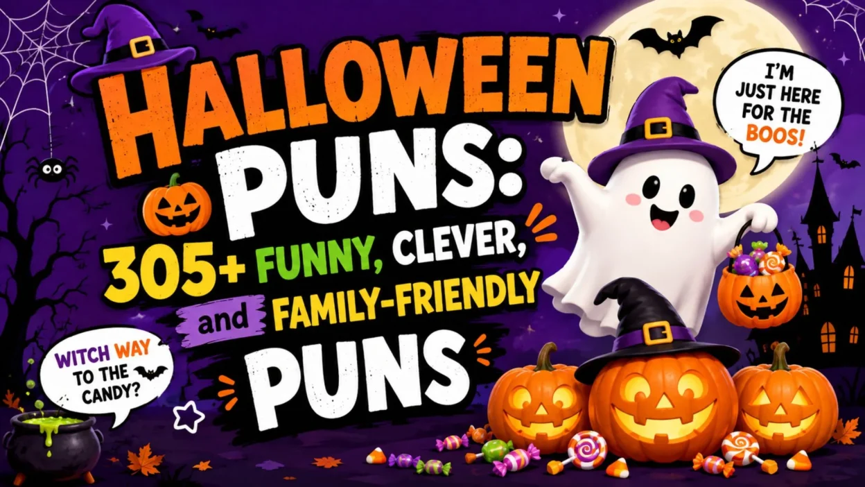 Halloween puns graphic with pumpkins, ghost, candy, moon, bats, and funny family-friendly jokes