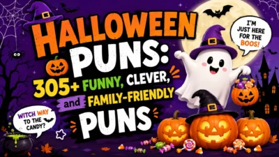 Halloween puns graphic with pumpkins, ghost, candy, moon, bats, and funny family-friendly jokes