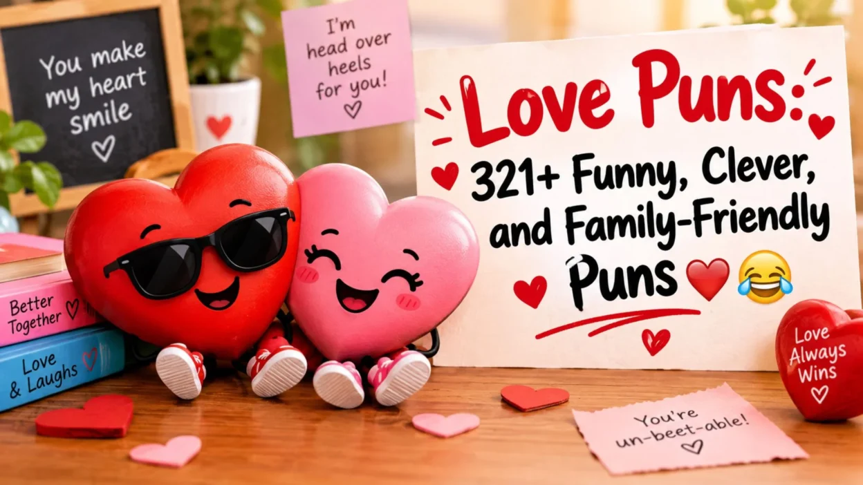 Funny love puns with cute cartoon hearts, romantic decor, and family-friendly humor