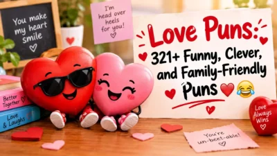 Funny love puns with cute cartoon hearts, romantic decor, and family-friendly humor