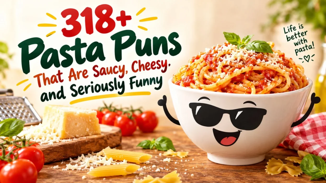 318+ pasta puns with a cheerful pasta bowl, cheese, tomatoes, basil, and a playful kitchen scene