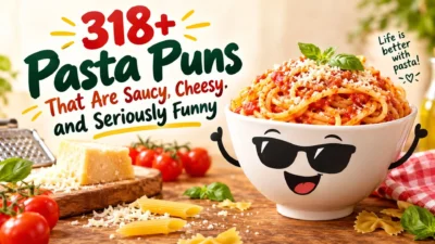 318+ pasta puns with a cheerful pasta bowl, cheese, tomatoes, basil, and a playful kitchen scene