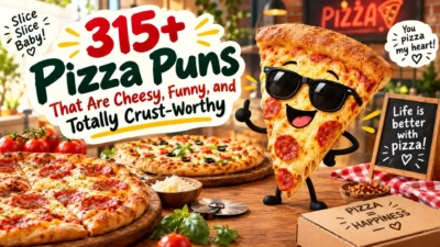 315+ pizza puns with a cheesy pizza slice, pepperoni pies, and a playful pizzeria scene