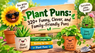 320+ funny plant puns with cheerful cartoon plants, flowers, and a garden sign
