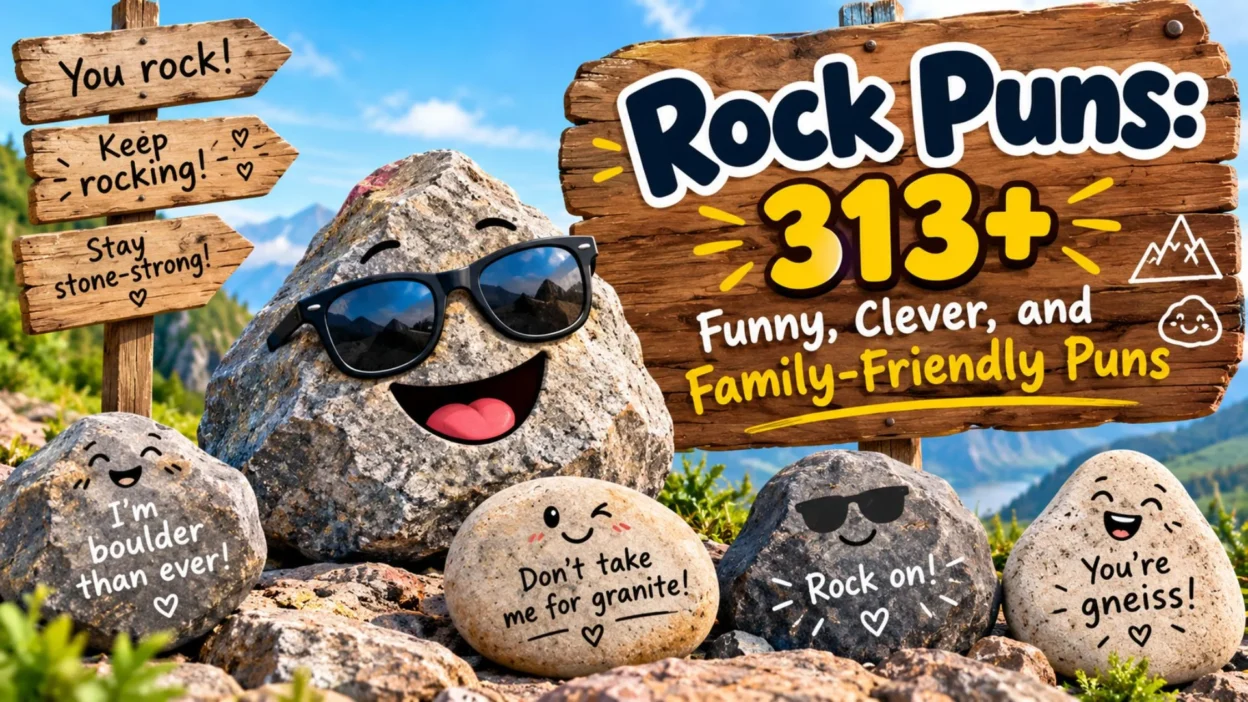 Rock puns with funny smiling rocks, mountain scenery, and a playful 313+ pun sign
