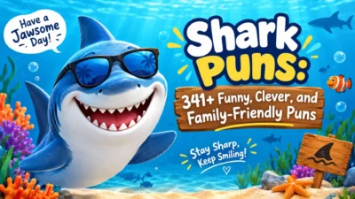 Funny shark puns illustration with a smiling shark, ocean scene, and family-friendly humor