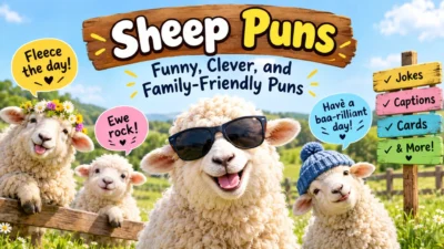 Funny sheep puns with fluffy sheep in a sunny meadow and playful speech bubbles