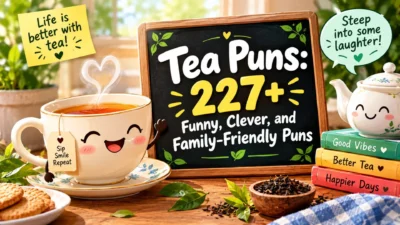 Tea puns 227+ with a cute smiling teacup, teapot, and cozy tea-themed humor setup