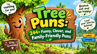 Tree puns 244+ with a funny cartoon tree, colorful forest, and family-friendly joke sign