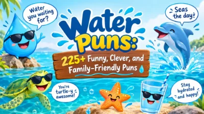 Water puns cartoon with funny sea animals, splashing waves, and 225+ family-friendly jokes