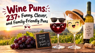 Wine puns with funny wine glasses, grapes, and a cheerful vineyard background