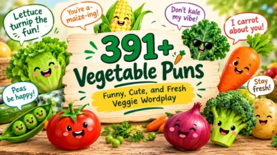391+ vegetable puns with cute cartoon vegetables, funny veggie jokes, and fresh wordplay.