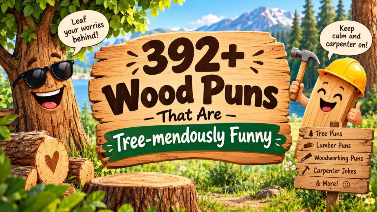 392+ wood puns featuring a smiling tree, a carpenter character, and a rustic sign in a colorful forest.