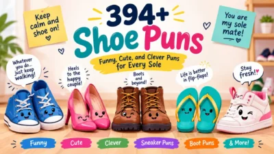 Colorful cartoon shoes with smiling sneakers, pink heels, brown boots, and flip-flops for 394+ funny shoe puns.