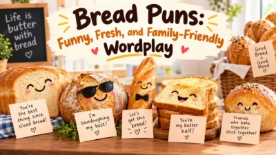 Funny bread puns with smiling cartoon bread, sourdough, toast, and family-friendly bakery wordplay.